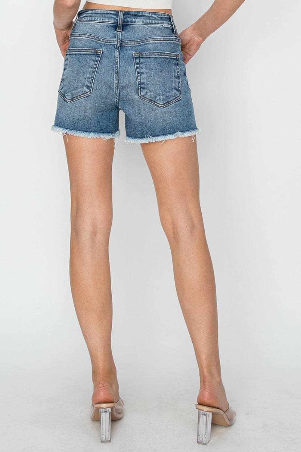 Risen frayed denim shorts, stepped waist - Love Salve